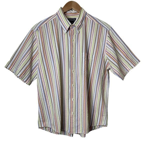 Vintage Lands End Mens XL 17-17.5 Colorful Striped Seersucker Button Down Shirt - Picture 1 of 9